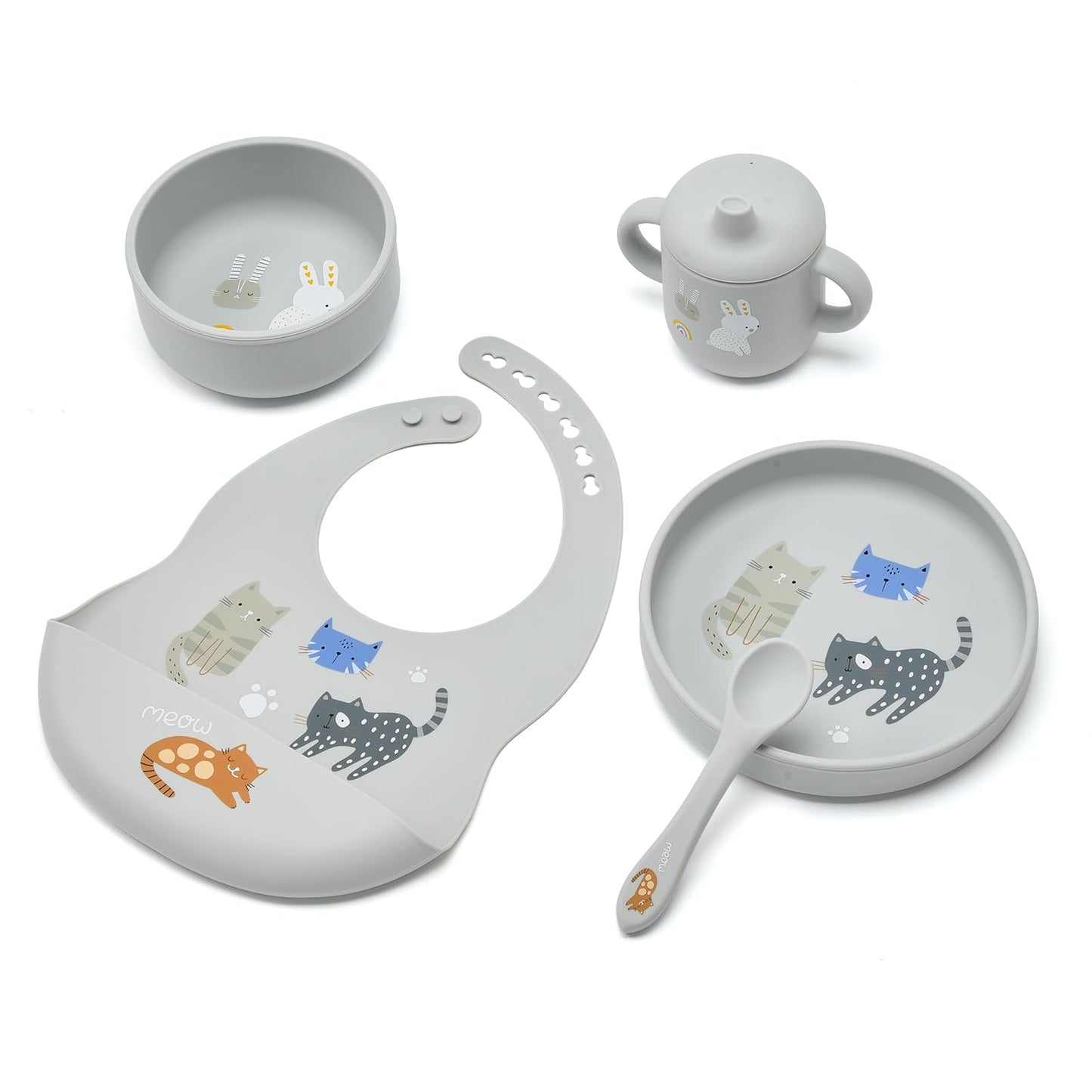 Imagination Junction silicone baby feeding set, Baby Led Weaning Supplies，Cutlery Feeding Supplies, Baby Utensils Feeding Essentials for Starting Solids，5 Piece Set (Gray)