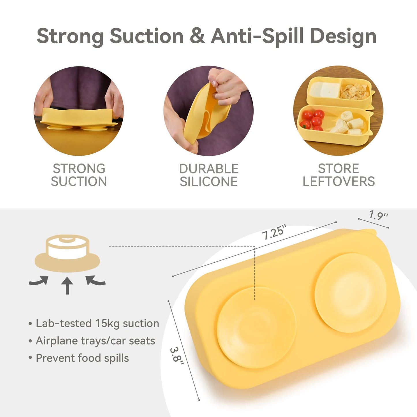 Mossora Portable Baby Plates with Suction, 6Pcs Travel Silicone Feeding Set for Toddlers, Foldable, Non-Slip Dishwasher Safe Plates & Utensils, BPA Free, Cat Design Gift Ready(Pale Yellow)