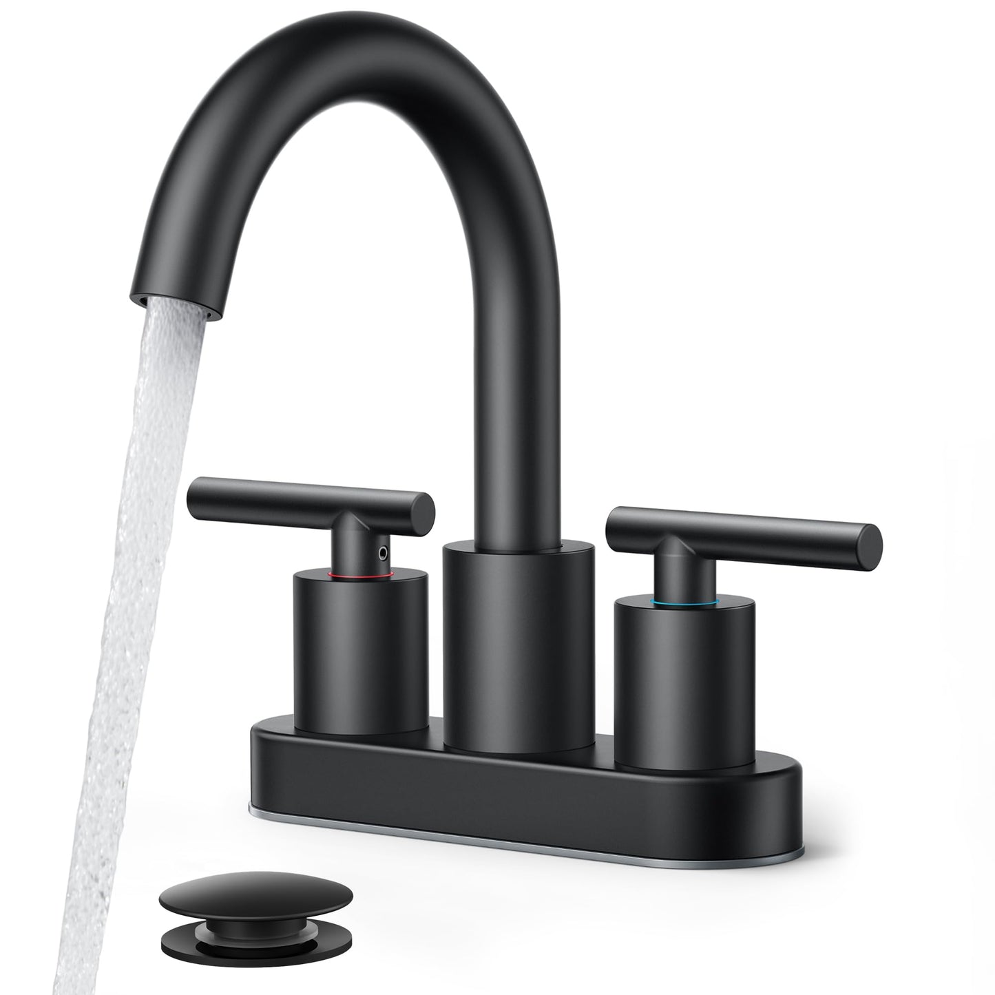 FORIOUS 4 Inch Centerset Bathroom Faucet Black 2 Hole, Two Handle Matte Black Faucet for Bathroom Sink with Pop Up Dain, 24" Supply Line, and 360° Rotating Spout of 4" Vanity