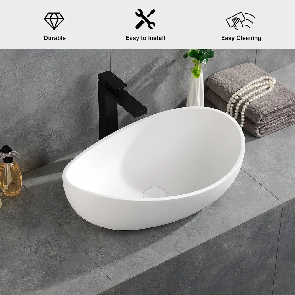 COGITIL Bathroom Sink, 22" Oval Vessel Bowl Sink Stone Resin Modern Artistic Design for Vanity Countertops Matte White with Pop Up Drain (Glossy White)