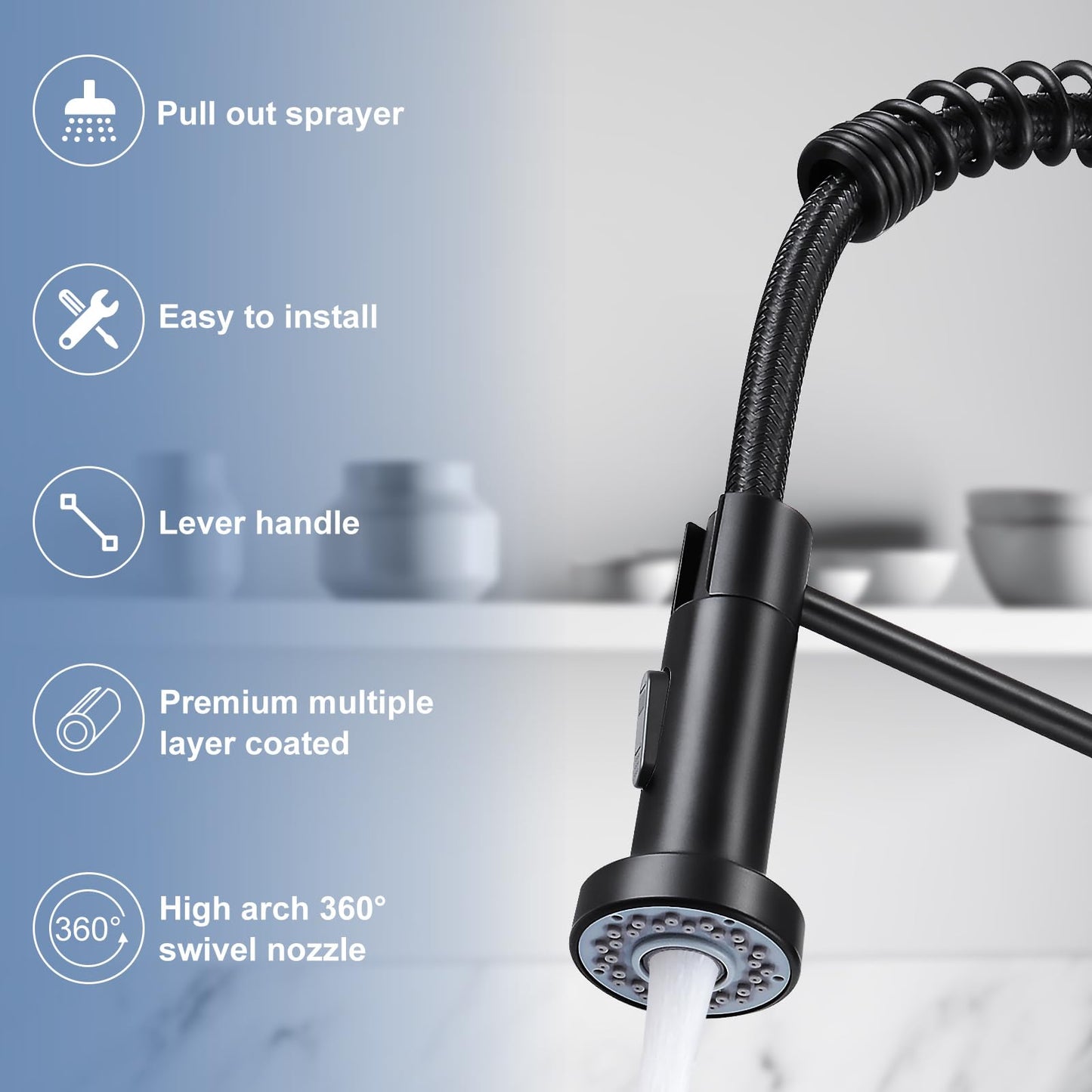 DJS Kitchen Faucets with Pull Down Sprayer Single Handle 1 or 3 Holes Spring Kitchen Sink Faucet with Deck Plate for Farmhouse RV Vessel Basin (Matte Black)