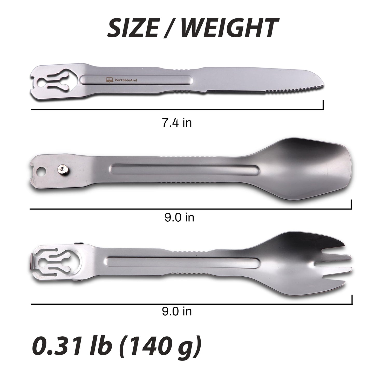 PortableAnd 4-in-1 Camping Utensil Set: Spoon, Spork, Knife, Tongs - Stainless Steel Multi Tool for Outdoor Cooking, Backpacking, Hiking, Picnics - Lightweight Travel Utensil with Carry Bag (1-Pack)