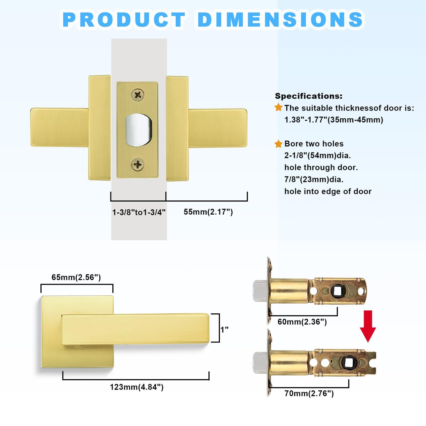 Brotima 5 Pack Gold Passage Door Handles for Hallways & Closets, Non-Locking Brushed Gold Closet Door Handles, Heavy Duty Passage Door Hardware, Gold Keyless Square Levers Handles, Satin Brass