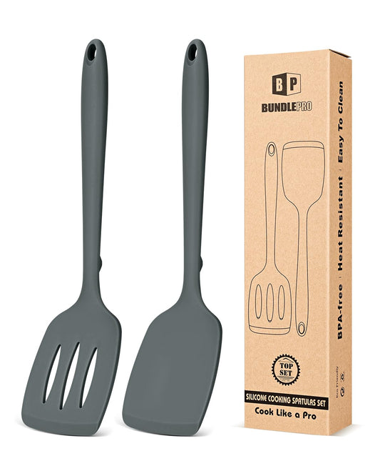 Pack of 2 Silicone Spatula Turners, Non Stick Slotted Kitchen Spatula Set, Heat Resistant BPA Free Kitchen Utensils, One-Piece Design, Suitable for Flipping Fish, Eggs, Steak, Pancakes(GRAY)