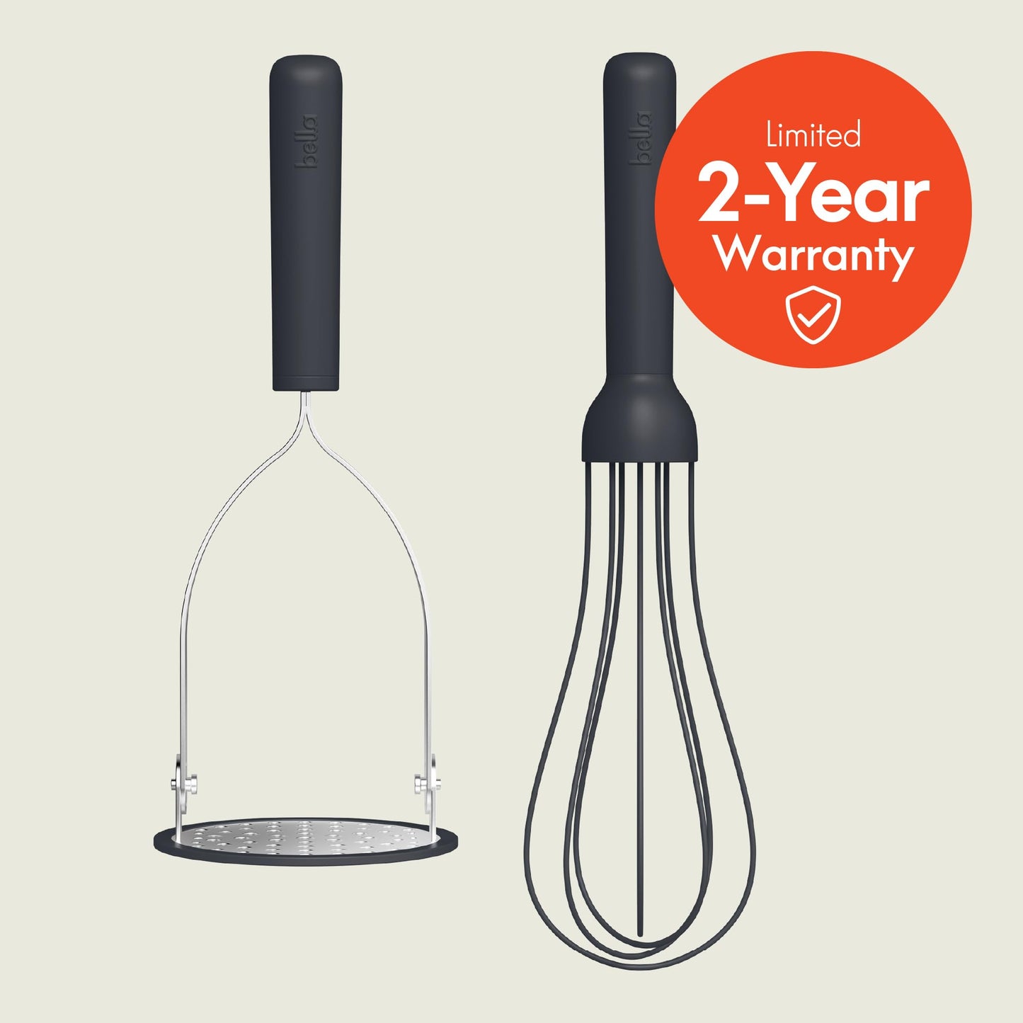 bella 2 Piece Compact Masher and Whisk Set, Fold Flat, Stainless steel and silicone, Foldable Masher, Ballon Whisk, Flat Whisk, Non-stick, Nonslip, Heat safe to 425°F, Slate