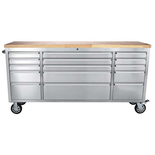 72 Inch Heavy Duty Rolling Tool Chest, Stainless Steel Tool Cabinet with 15 Drawers, Solid Wood Top Workbench, Mobile Toolbox Organizer with Locking Wheels, Power Outlets, for Garage, Workshop, Storag