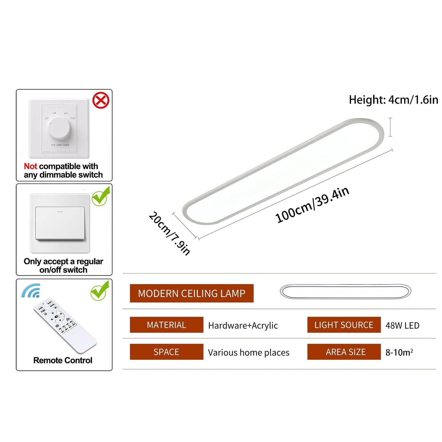 Ganeed 39.4 Inch Dimmable LED Ceiling Light, High Brightness Long Ceiling Lamps,3000-6000K Selectable Modern Ultra Thin Low Profile Light Fixture for Bedroom Kitchen Closet Hallway,White/48W