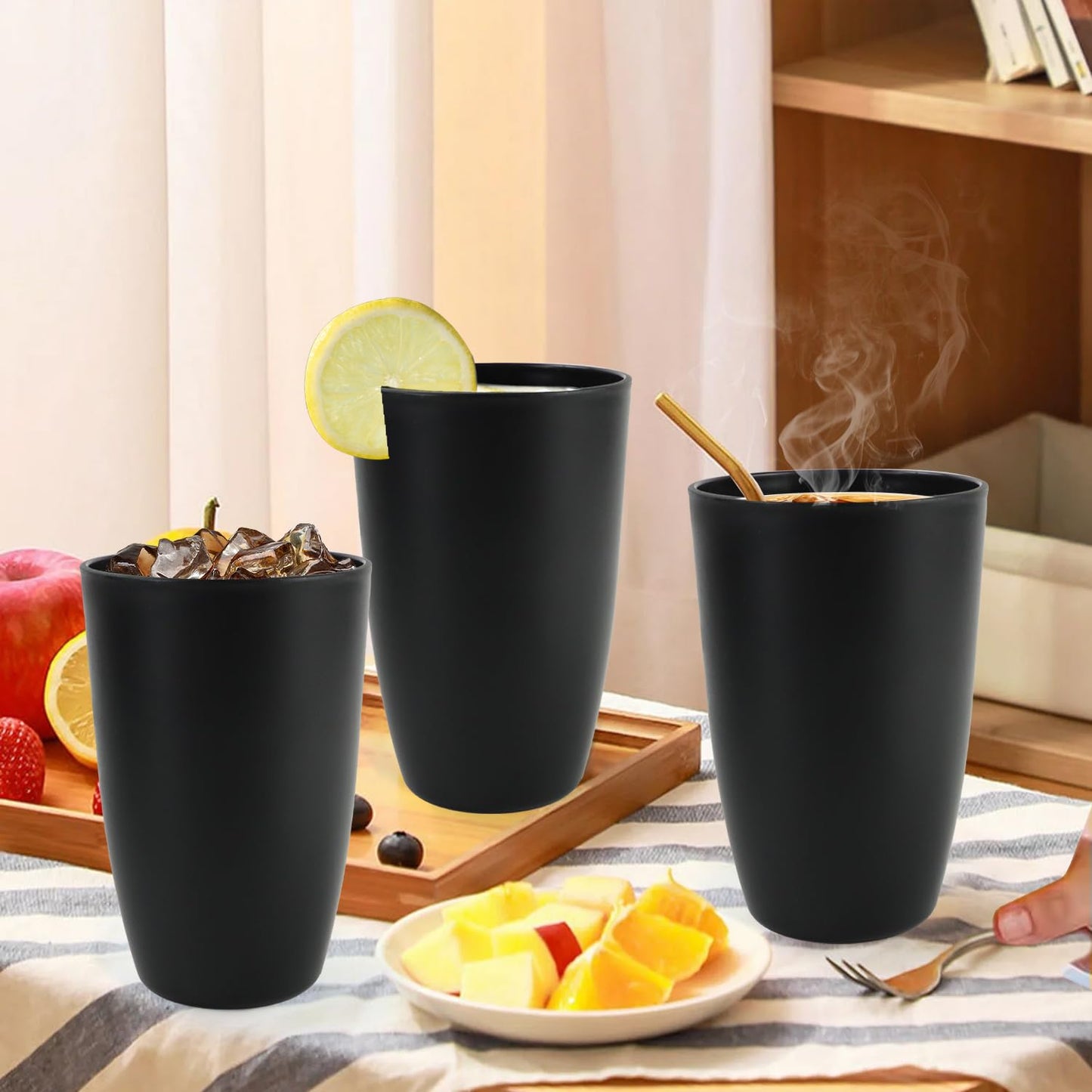BUSOKIP 20 OZ Wheat Straw Cups SetS of 6, Unbreakable Drinking Cup, Alternative to Plastic Cups Reusable, Microwave & Dishwasher Safe Big Cup, Large Drinking Glasses for Kitchen, Party (Black)