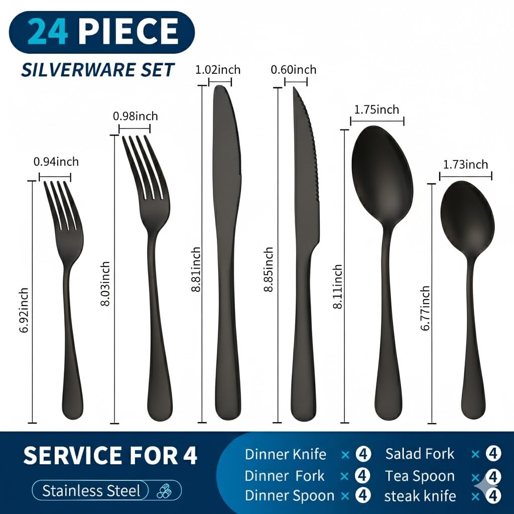 GPY Black Silverware Set, 24-Piece Stainless Steel Flatware Set Service for 4, Titanium Plated Black Eating Utensils, Modern Mirror Finish Cutlery for Kitchen & Home