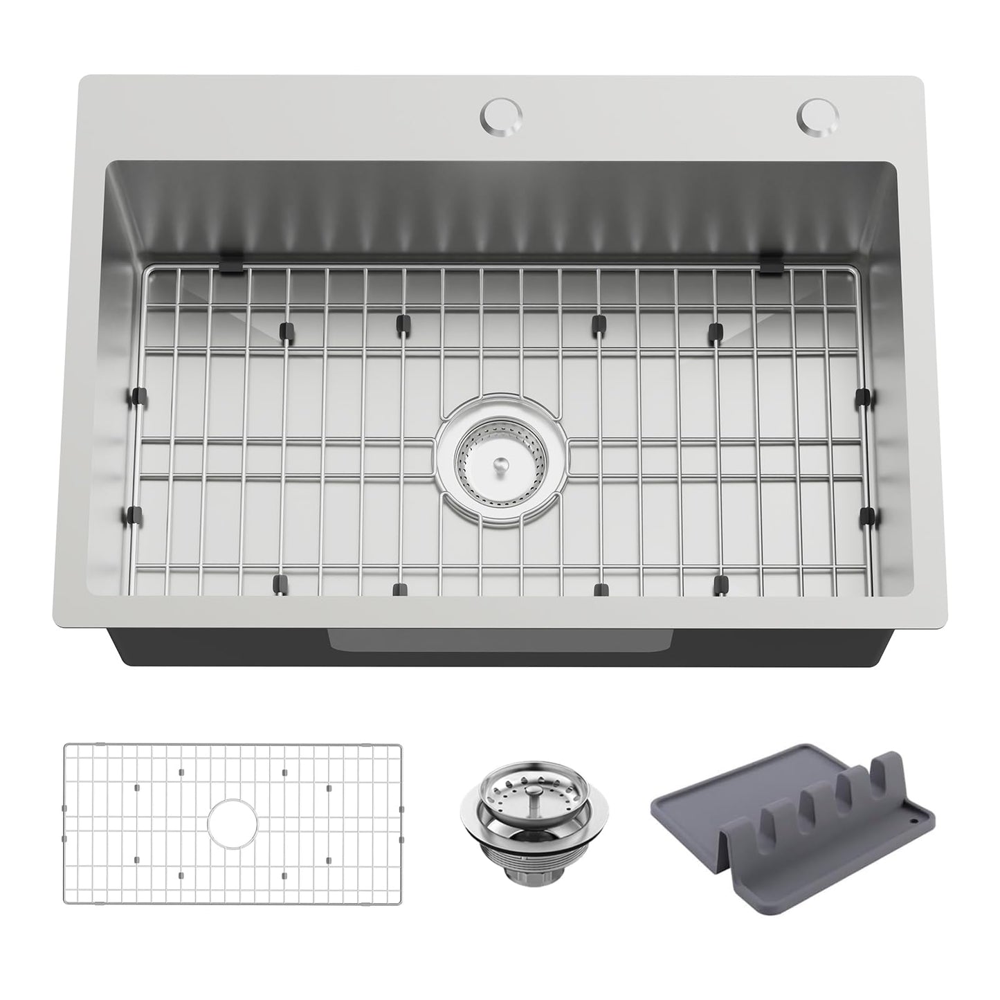 Kitchen And Bar Sink, 27x18 Inch Stainless Steel Drop In Modern Single Bowl Topmount Kitchen And Bar Sink Combo-SS Grid,Spoon Rest,Drain Strainer Set Compatibility With Various Kitchen&Bar Style