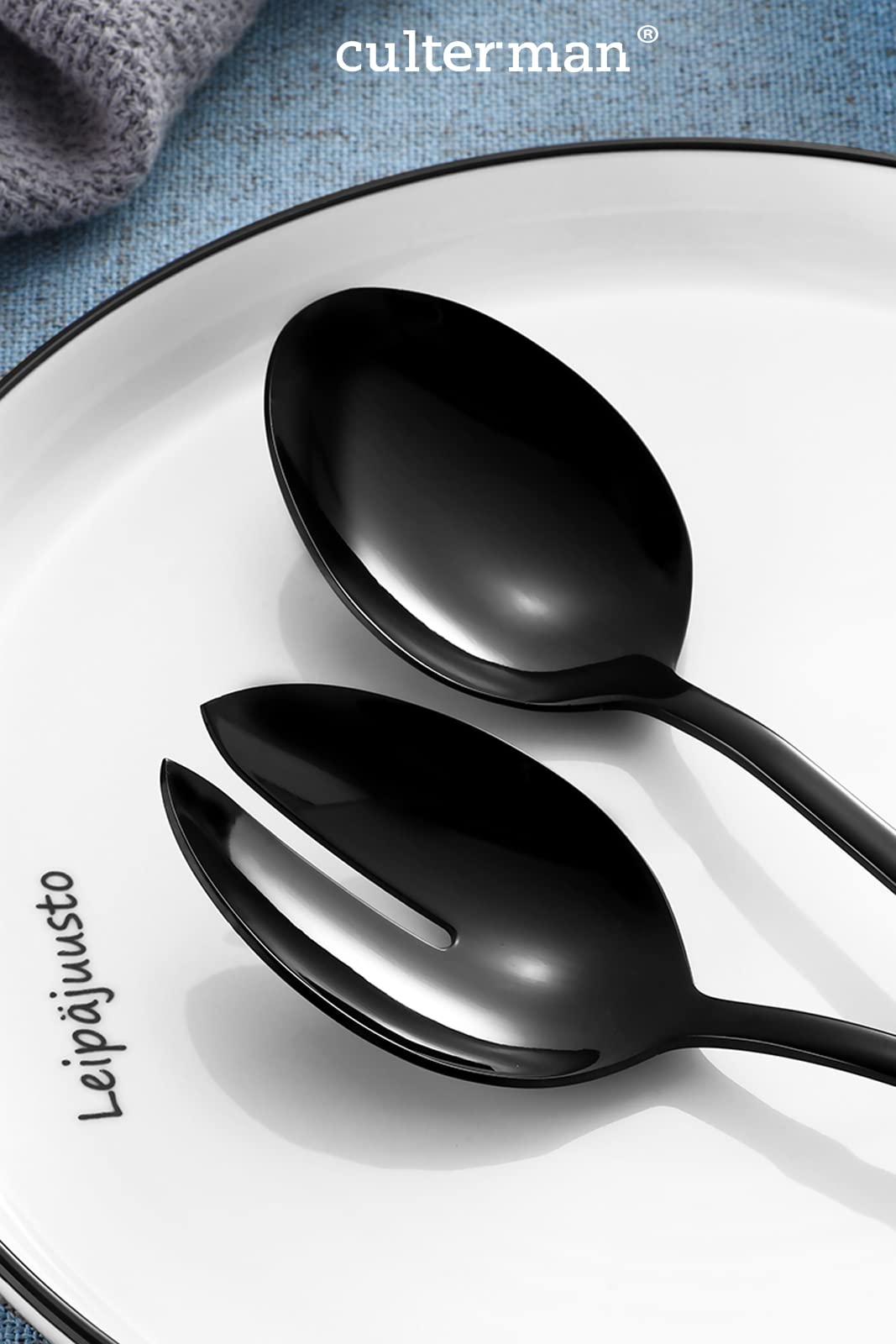 culterman Black Serving utensils set. Stainless Steel Hostess Flatware Sets 7-Piece Includes Silverware Large Salad Spoons,Forks,knifes.Dishwasher Safe.