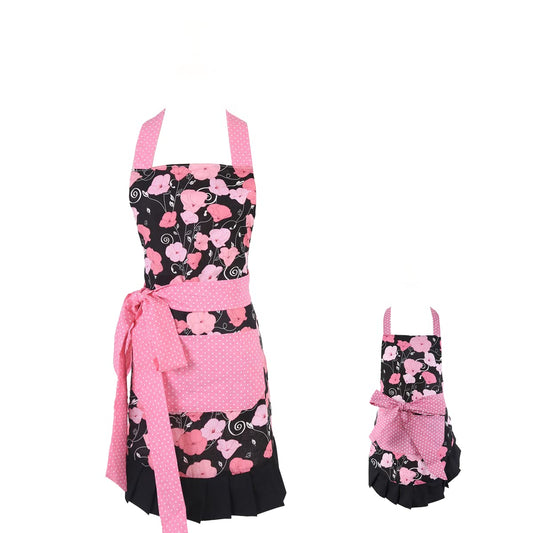 Surblue Vintage Ruffle Floral Aprons with Pockets for 2 Pockets for Mama and Me, Kitchen Apron Set for Cooking, Baking, BBQ, Painting and Gardening, Style Diana,Cotton,Extra-Long Tie, Pink, 2 PCS