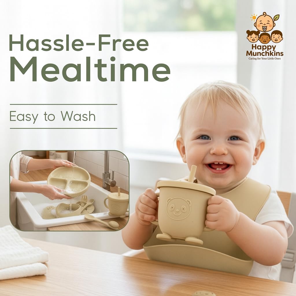 Happy Munchkins Silicone Baby Feeding Set | 9 PCS Baby Led Weaning Supplies Feeding Utensils | Divided Suction Plate Bowl Bib Cup Baby Spoons Forks | Toddler Eating Essentials-6+ Months (Beige)