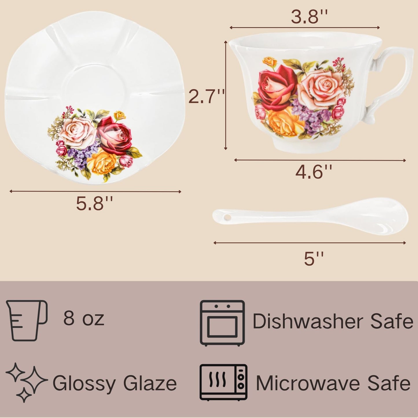 Pumtus Tea Cups and Saucers Set of 6, 8 OZ Vintage Ceramic Teacups with Spoon, Floral Rose British Coffee Mug, Elegant Bone China Cup Gift Set for Cappuccino, Espresso, Latte, Afternoon Tea Party