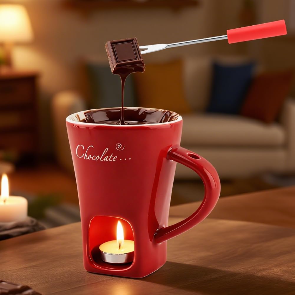 Chocolate Fondue Cup,Chocolate Fondue Mug with Fork and Candle,Ceramic Chocolate Melting Cup for Birthday Date Night Birthday Wedding Gifts (11.5 * 5.5 * 8.5cm,COLOR:Red)