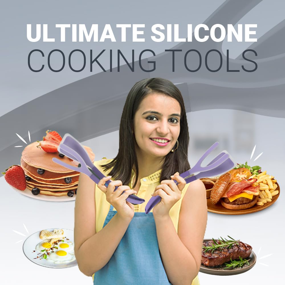 ZONZEST Silicone Egg Flipper Spatula Tongs (Set of 1) – Non-Stick 2-in-1 Grip & Flip Kitchen Tongs for Pancakes, Fish, Eggs, and More – Heat Resistant Cooking Tool (Black) (Purple)