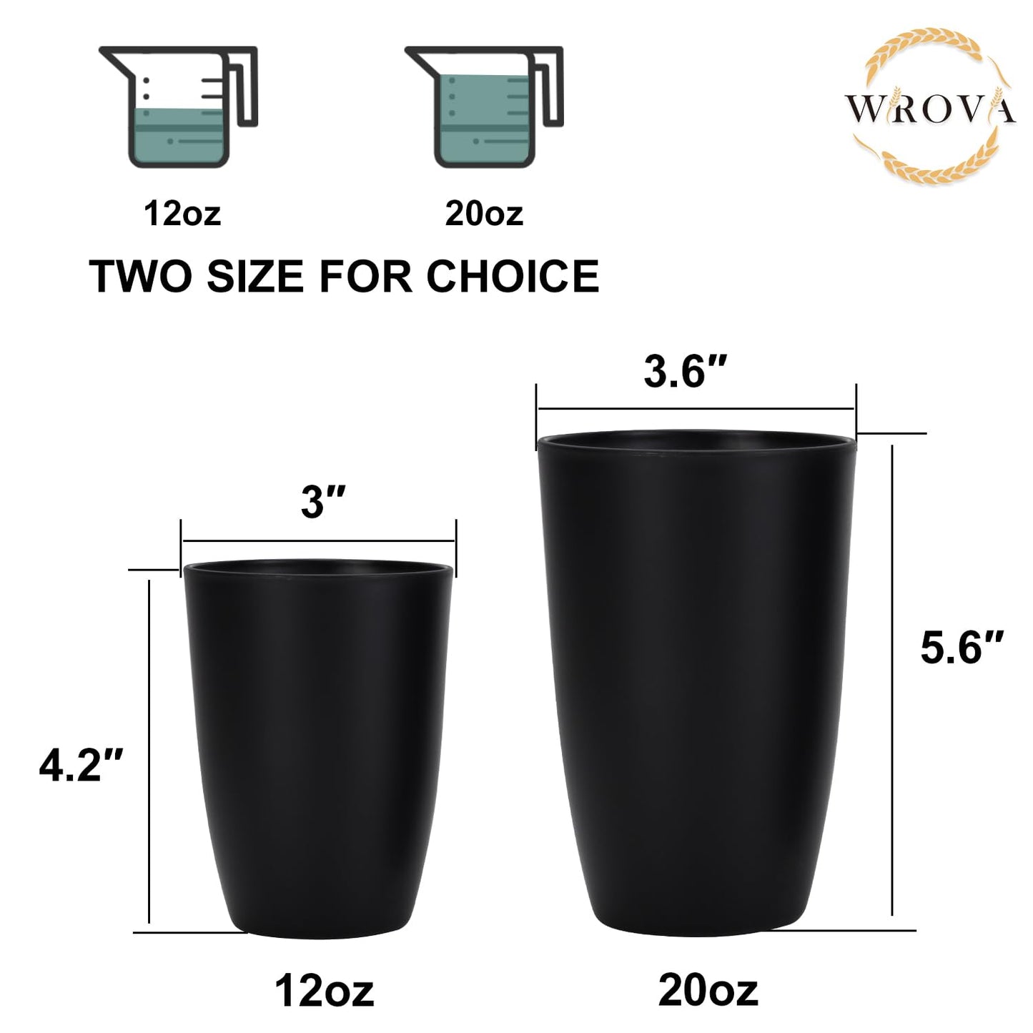 Wrova Wheat Straw Cups 8 PCS Good Alternative to Plastic Reusable Cups 12 oz Unbreakable Drinking Cup Reusable Dishwasher Safe Water Plastic Glasses Pure Black