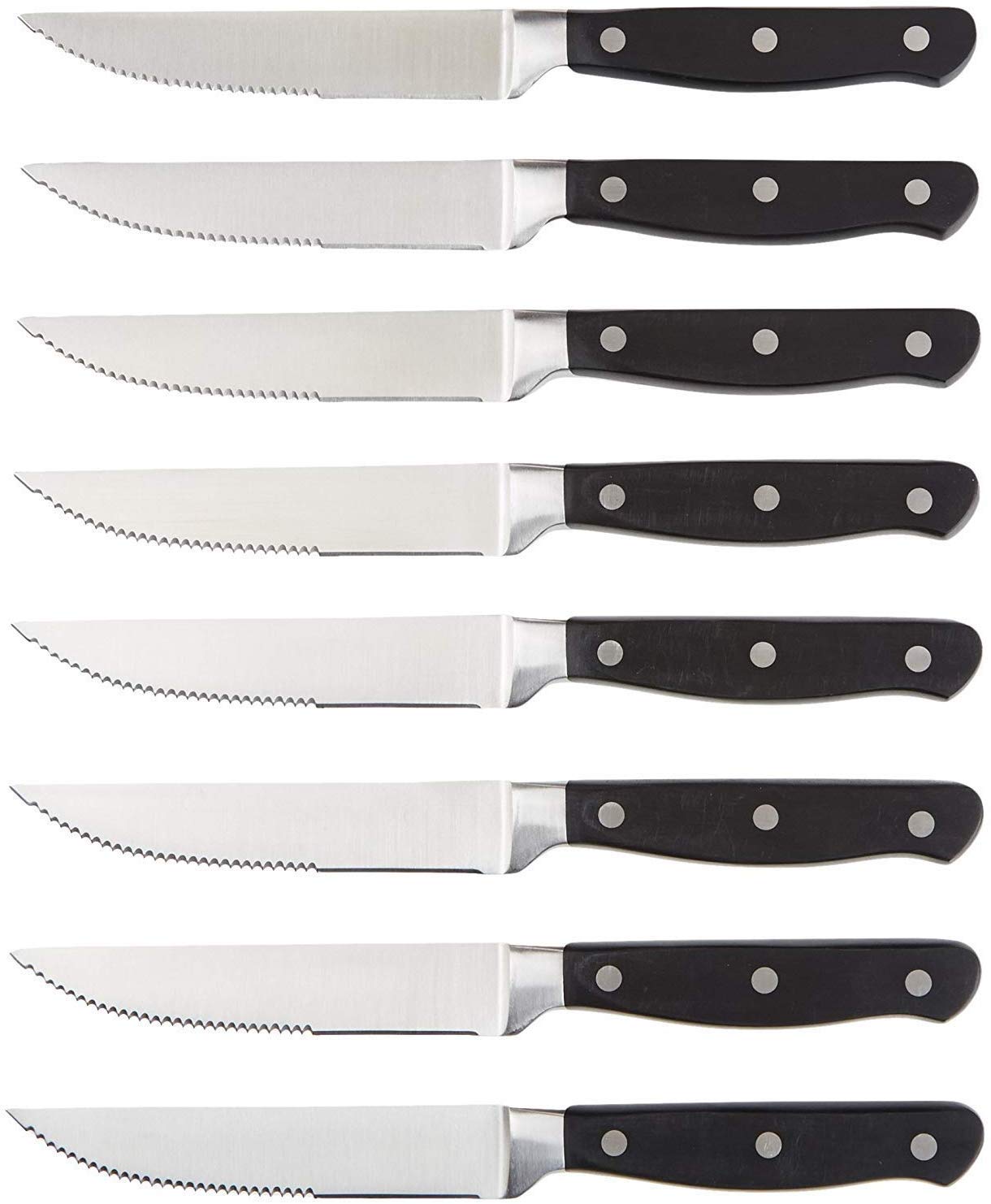 Amazon Basics 8-Piece Full Tang Stainless Steel Serrated Steak Knife Set, 4.5", Black