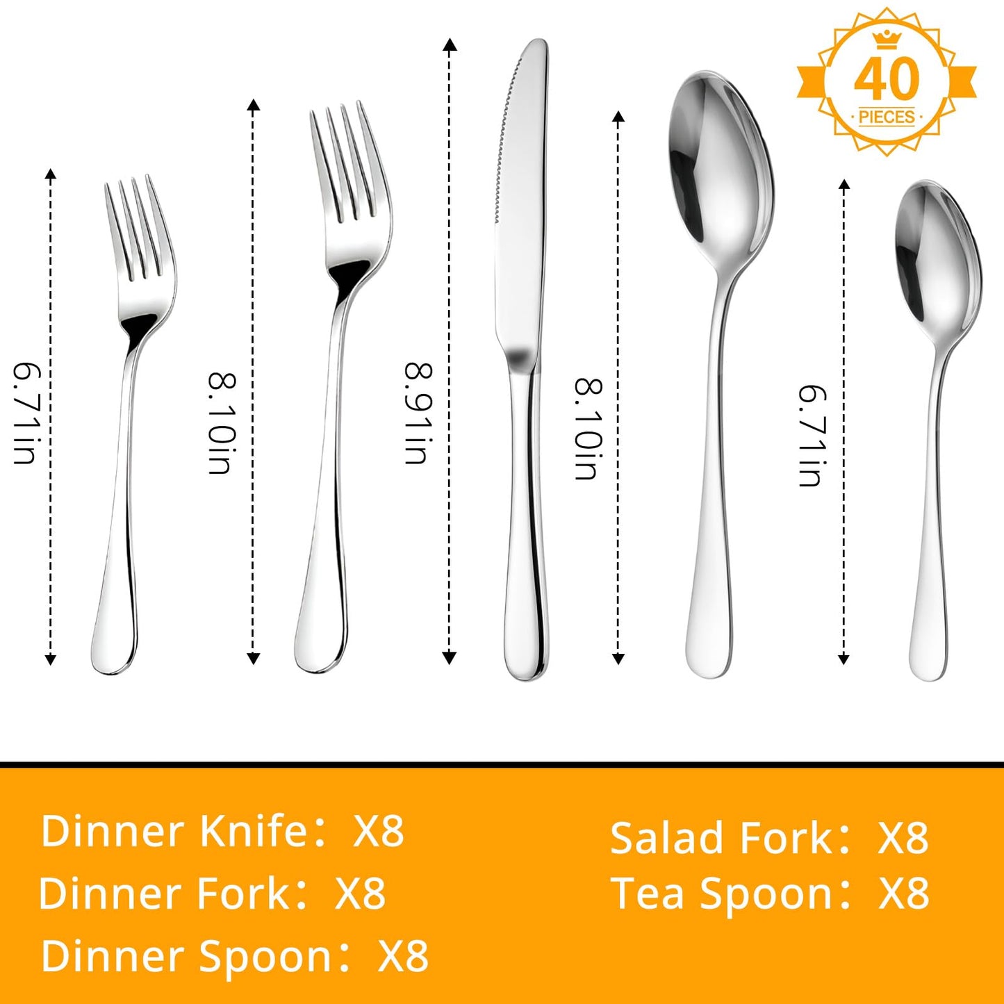 40 Piece Silverware Set for 8, Stainless Steel Flatware Set,Mirror Polished Modern Design,Including Steak Knife Fork and Spoon,Kitchen Utensils Set, Mirror Polished,Dishwasher Safe
