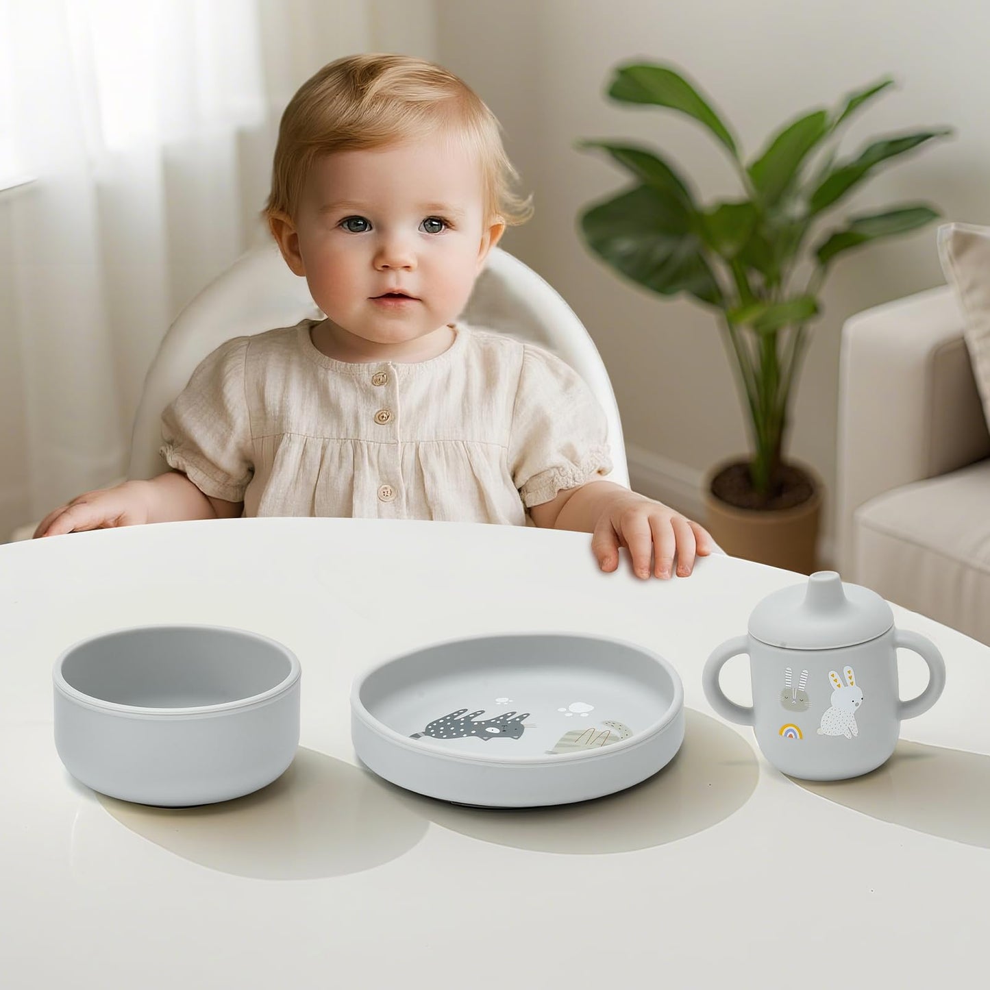 Imagination Junction silicone baby feeding set, Baby Led Weaning Supplies，Cutlery Feeding Supplies, Baby Utensils Feeding Essentials for Starting Solids，5 Piece Set (Gray)