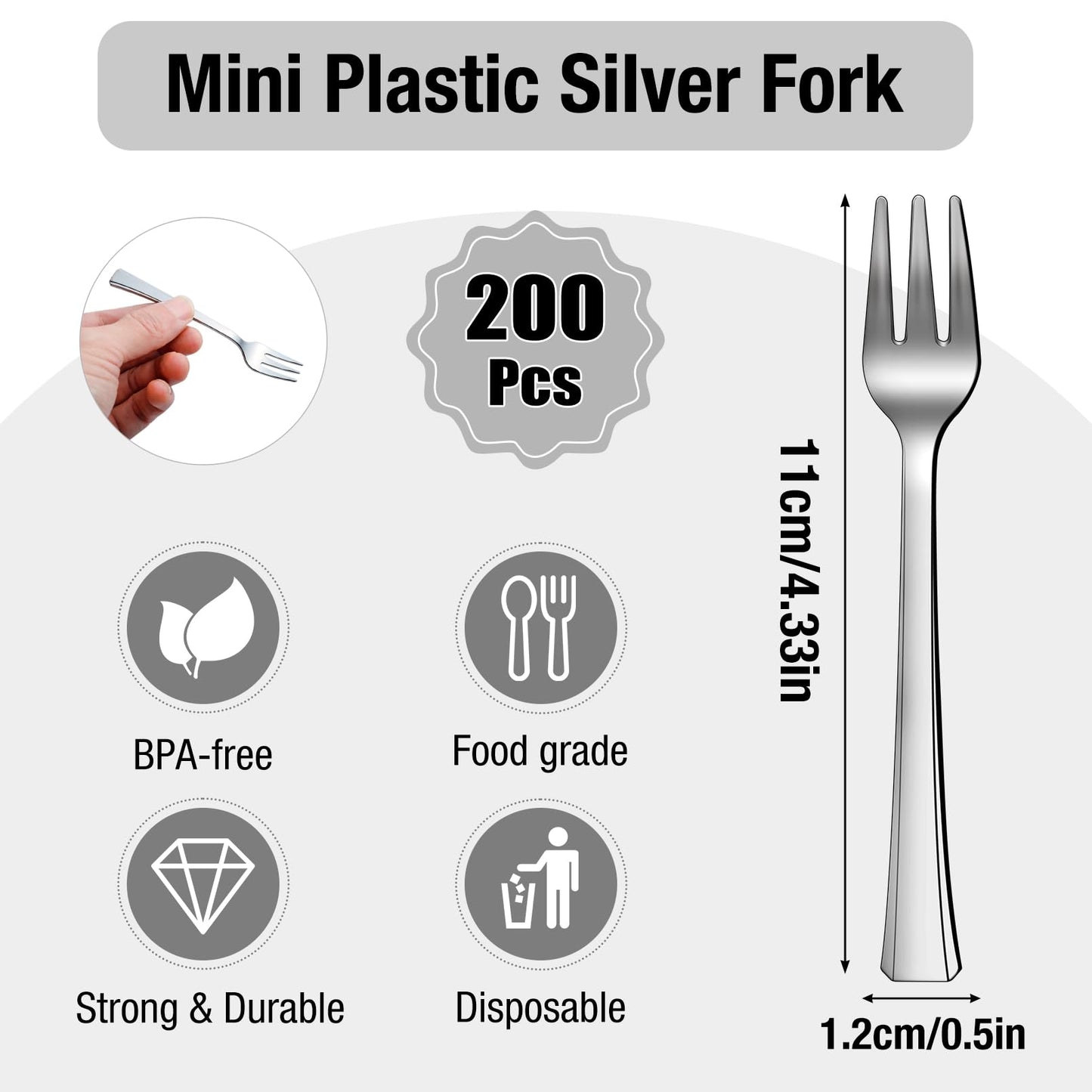 Loccmat 200 Pieces Mini Plastic Forks,Silver Plastic Mini Forks,4 inch Mini Dessert Forks,Mini Plastic Tasting Forks,Mini Appetizer Forks for Desserts,Cake,Fruit