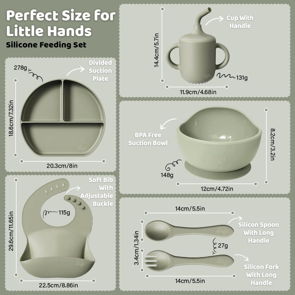 Dahzii 6-Piece Silicone Baby Feeding Set Non-Slip Suction Plate, Bowl, Spoon, Fork, Cup, Bib. BPA-Free, Dishwasher & Microwave Safe for Babies & Toddlers