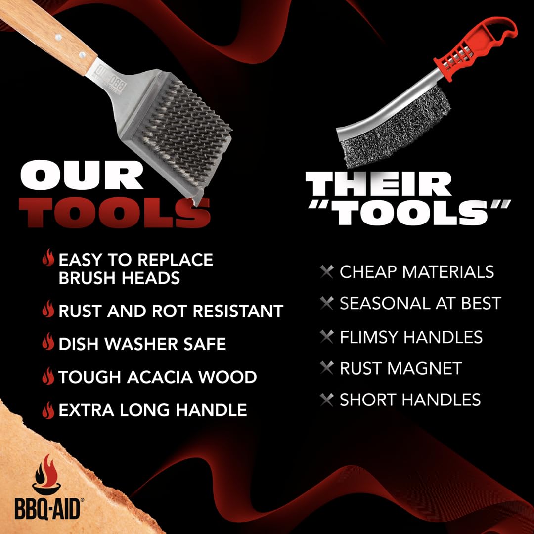 BBQ-Aid Grill Brush and Scraper for Barbecue – Grill Brush for Outdoor Grill with Extended, Large Wooden Handle and Replaceable Stainless Steel Bristles Head –No Scratch- BBQ Grill Brush for Any Grill