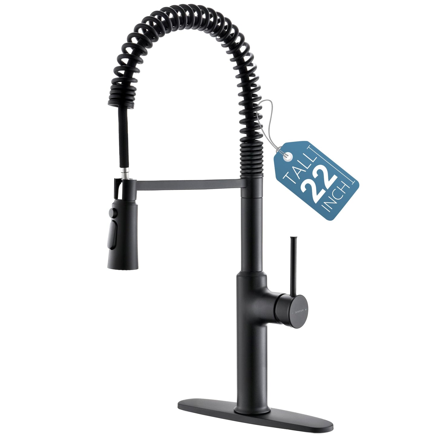 Lavatrum Brass Matte Black Kitchen Faucets, Brass 22 inch Commercial High Arc Single Handle Kitchen Faucets for Pull Down Sprayer Modern Spring with Deck Plate