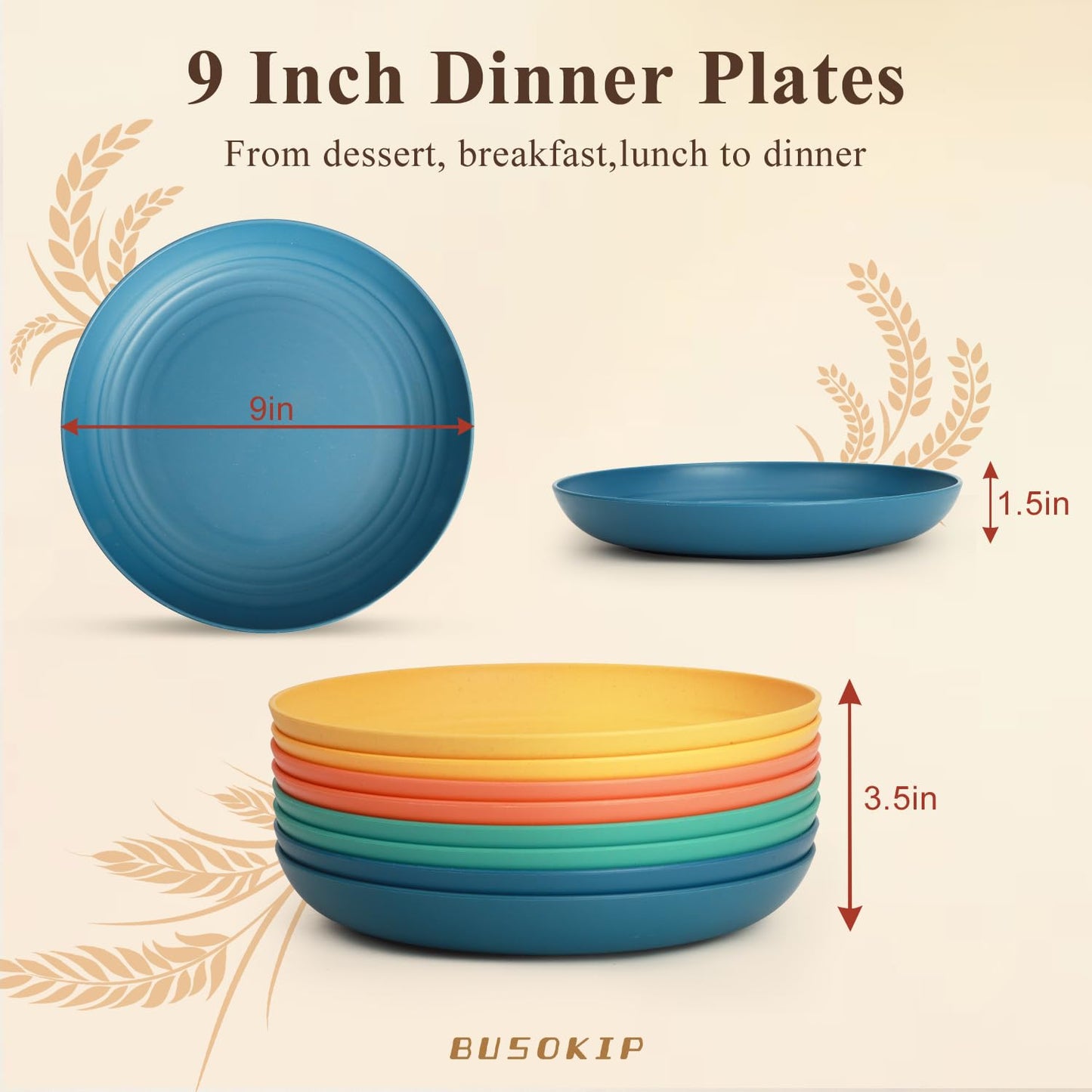 BUSOKIP Wheat Straw Plates Set for 8, Unbreakable & Lightweight Dinner Plates 9 Inch, Plastic Plates Reusable, Microwave and Dishwasher Safe Kitchen Plate for Outdoor, Camping, Picnic- Multi