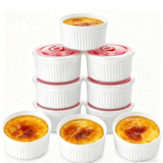 Mfacoy Ramekins with Lids Set of 6, 8 oz Porcelain Creme Brulee Souffle Ramekins with Covers, White Pudding Custard Cups Ramiken for Baking, Small Bowls for Sauces Dessert, Dishwasher and Oven Safe