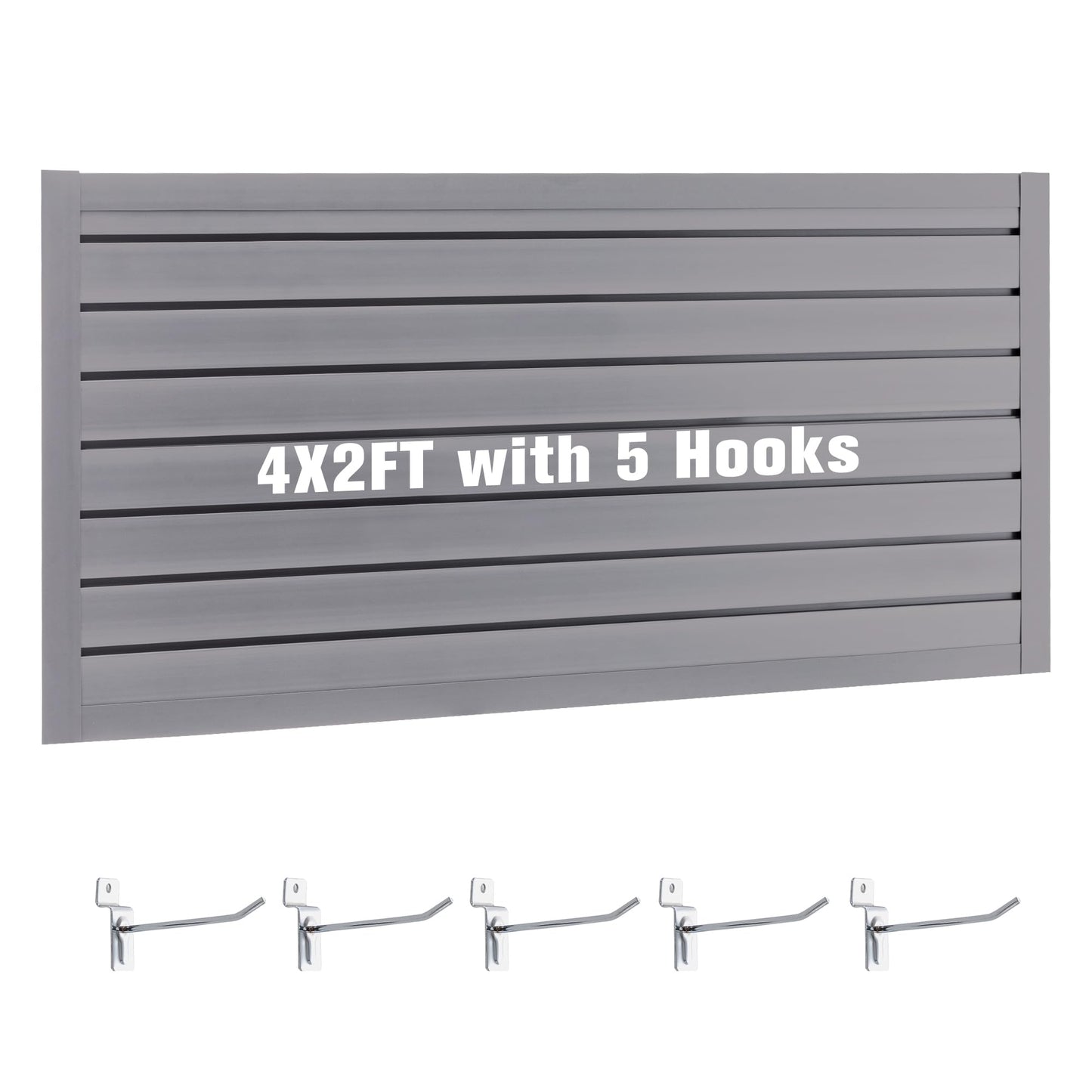 Slatwall Panel Garage Wall Organizer Storage Systems, Wall Mounted PVC Storage Rack with 5 Hooks, Interlocking Workshop Slat Wall Paneling Sheets Board Shelves Tools Organization-Grey(2’H x 4’W)