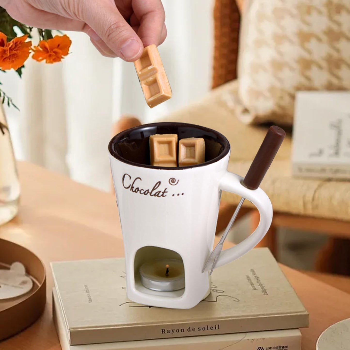 Sweet Fondue Cup for Date Night and More, Chocolate Fondue Mug with Fork, Personal Chocolate Melting Cup for Cheese, Ceramic Chocolate Melting Cup For Birthday Wedding Gifts (Red)