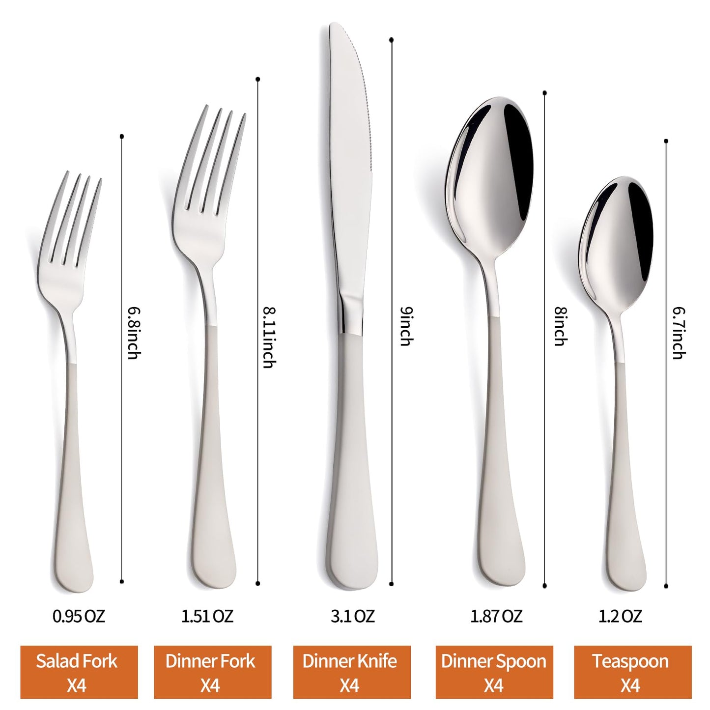 Lekoton 20 Piece Cream Grey 18/0 Flatware Utensil Set for 4, Include Dinner Knife,Dinner Forks,Dinner Spoons,Salad Forks,Teaspoons,Silverware Set for 4, Dishwasher Safe
