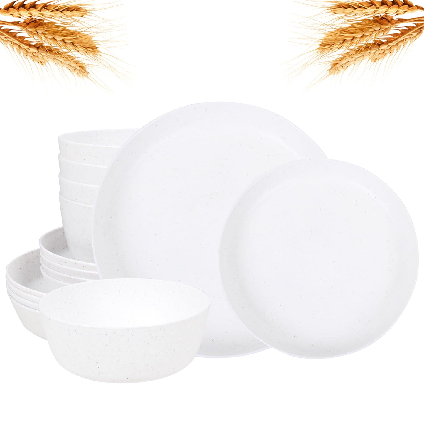 EI 12pcs White Wheat Straw Plates,Wheat Straw Dinnerware Set,Plates and Bowls Sets,Unbreakable Plastic Plate,Plastic Plates Reusable,Dinner Plates Set of 4,Plastic Dishes Set