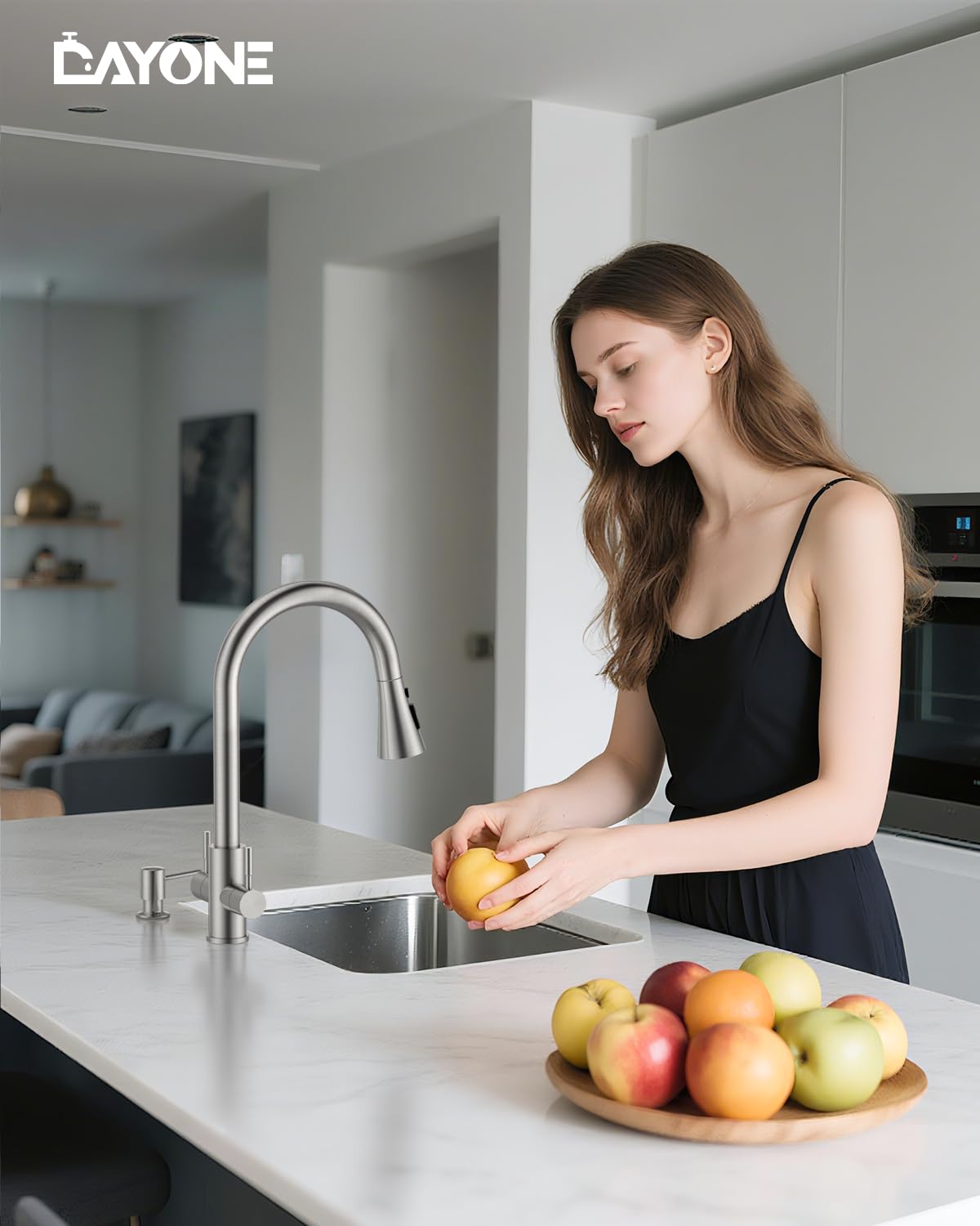 DAYONE 2 Handle Kitchen Faucet with Soap Dispenser, Two-Handle Kitchen Sink Faucets with Pull Down Sprayer Brushed Nickel, Stainless Steel 1 to 4 Holes Faucet for Sink