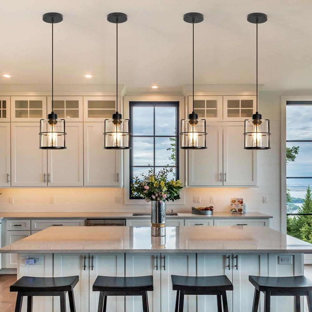 Industrial Black Pendant Lights Kitchen Island, Glass Island Pendant Lights Set of 2, Small Ceiling Kitchen Island Lights with Adjustable Cord, Farmhouse Hanging Light for Hallway Bathroom