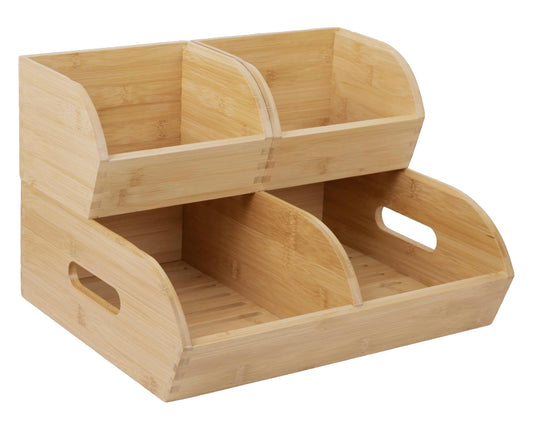Potato and Onion Storage Bin for Pantry and Kitchen Counter - Ventilated Stackable Bamboo Organizer Baskets with Handles - Multipurpose Organization Containers for Fruit, Vegetable, Pantry - 3 Pack