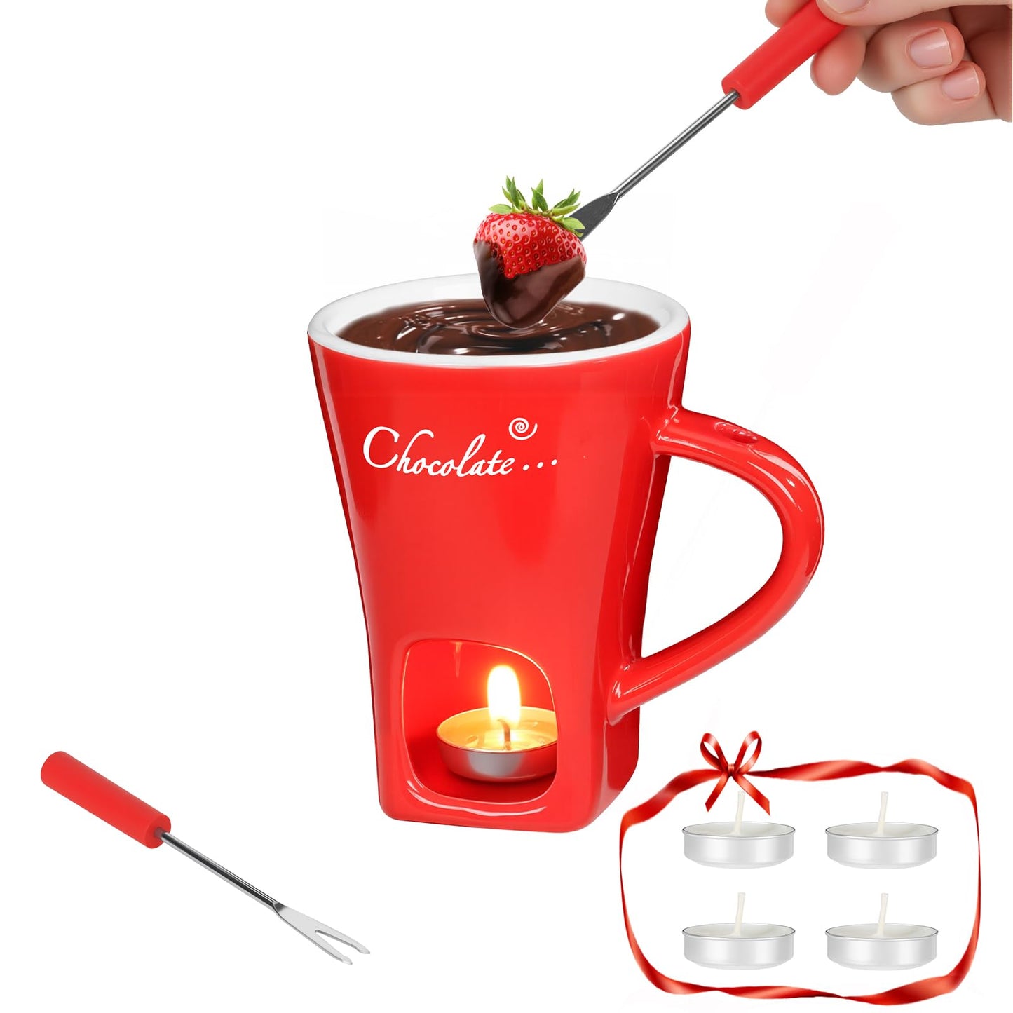 Fondue Pot Cup Set, Chocolate Melting Fondue Mugs with 2 Forks & 4 Tealights, Mini Red Ceramic Fondue Set for Cheese, Marshmallows, Sweet Fondue Cup for Date Night, Party, Wedding, or Holiday Gift