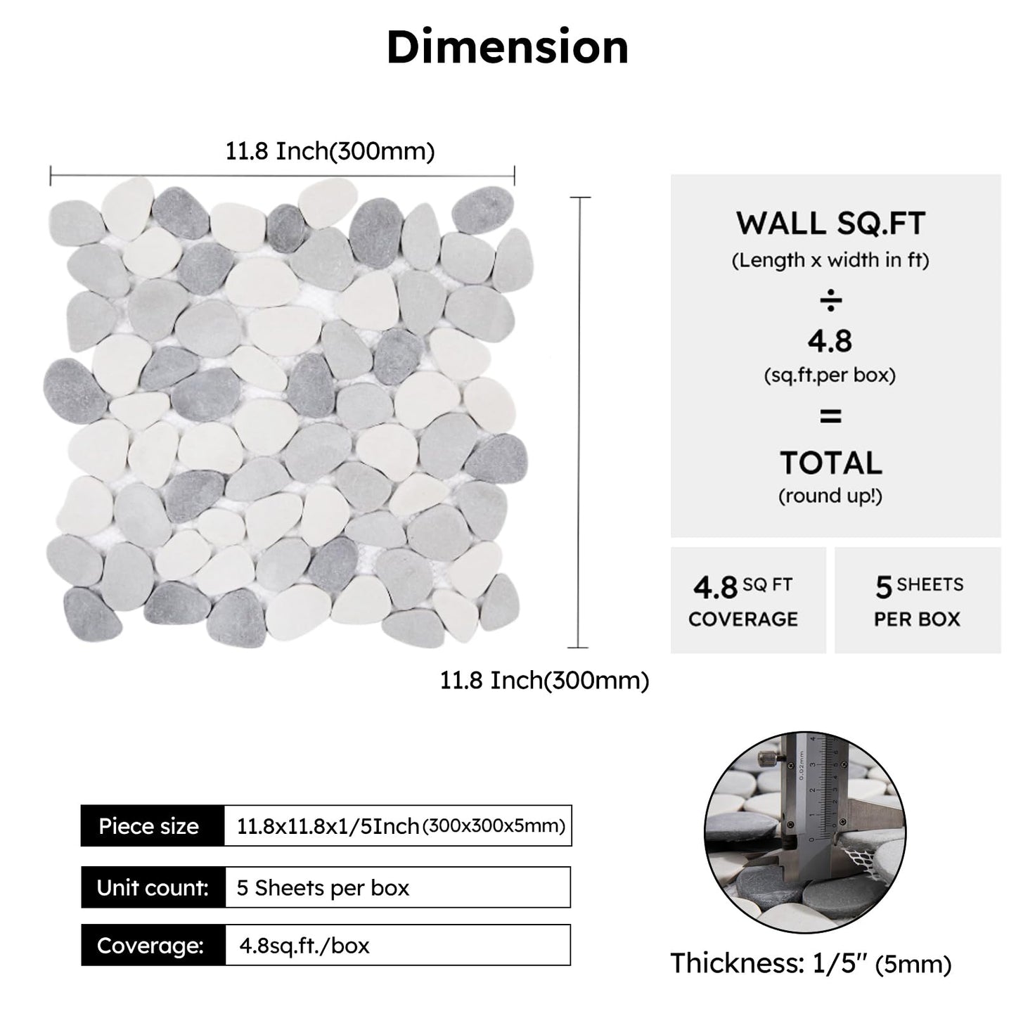 Diflart Pebble Tile for Shower Floor, Gray and White Oval, 5 Sheets, Pebble Backsplash for Kitchen Bathroom Wall and Floor Tile