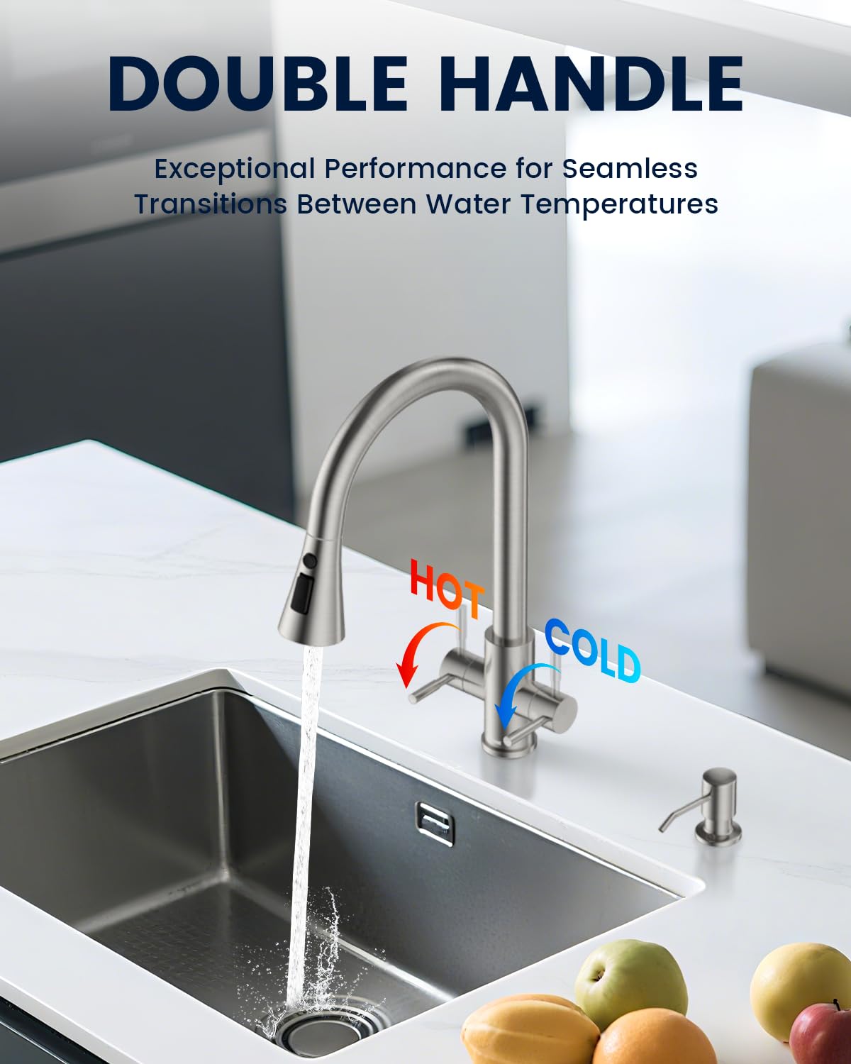 DAYONE 2 Handle Kitchen Faucet with Soap Dispenser, Two-Handle Kitchen Sink Faucets with Pull Down Sprayer Brushed Nickel, Stainless Steel 1 to 4 Holes Faucet for Sink