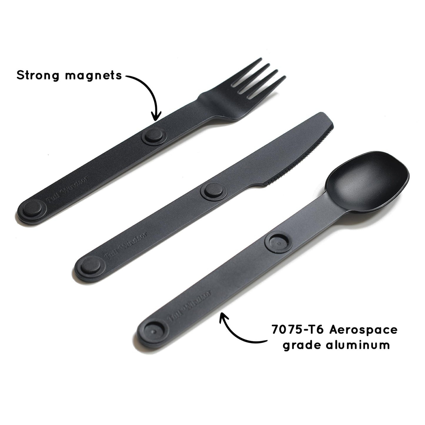 FULL WINDSOR Magware Camping Set - Travel Utensils for Outdoor Dining, Backpacking & Camping Essentials - Knife, Fork & Spoon with Pouch - Magnetic Silverware Lunchbox Utensils Cutlery - Black (3 PCS)