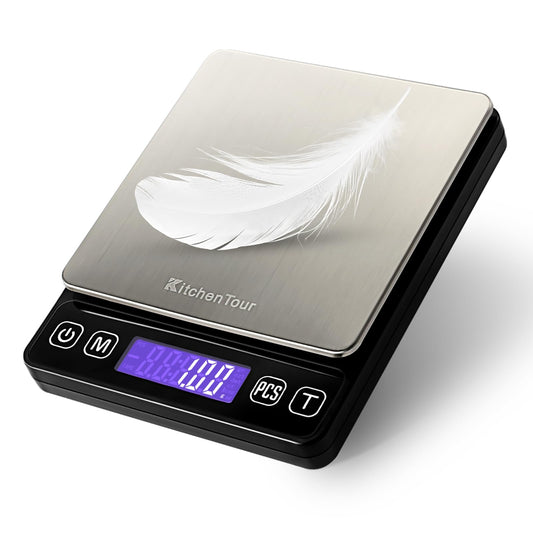 KitchenTour Digital Kitchen Scale - 500g/0.01g High Accuracy Precision Multifunction Food Meat Scale Small Scale Jewelry Lab Carat Powder Scale with Back-Lit LCD Display(Batteries Included)