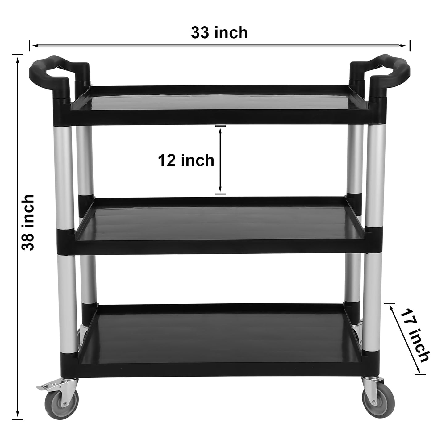 3-Tier Utility Cart, Heavy Duty 500 Lbs Capacity Service Cart with Lockable 360° Swivel Wheels – Multipurpose Storage Cart for Kitchen, Warehouse, Restaurant & Home, Black