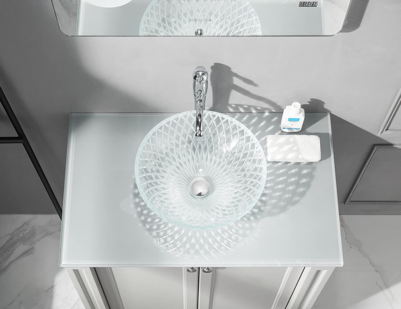 Fanwin Star Tempered Deco Glass Luxuryhome Bathroom Sink in Crystal engraving Elegant | Top Mount Basin | Vanity Countertop Sink Bowl with Pop Up Drain |Surface Finish Glossy | FW-LA659