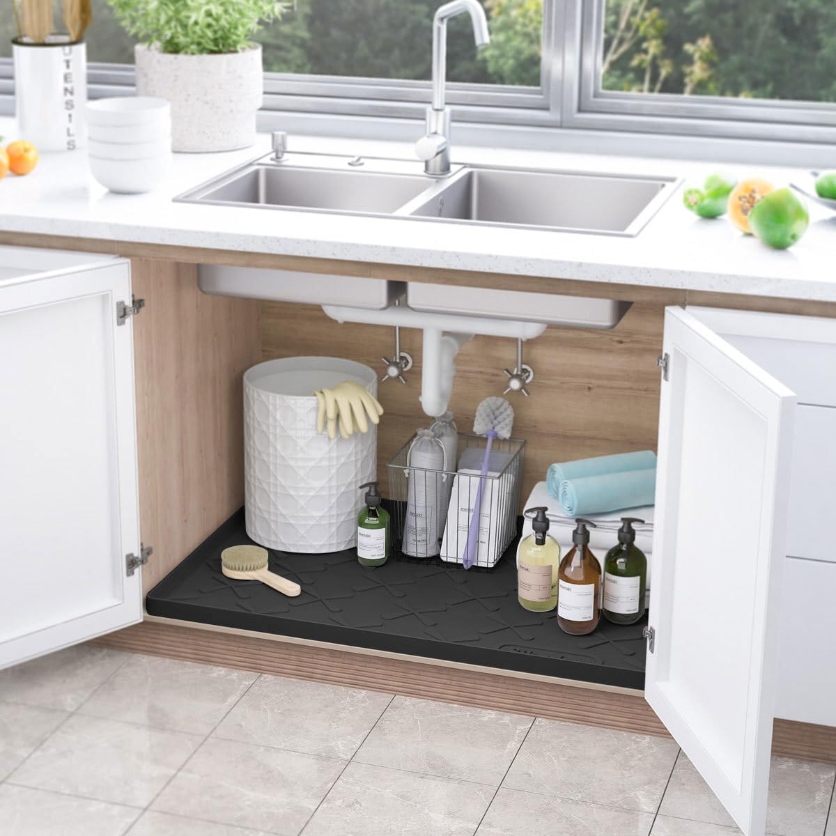 SIKADEER Waterproof Under Sink Mat 22x19, Raised Edge Silicone Mat Under Sink Shelf Liner, Sink Protector Kitchen Cabinet Tray for Bathroom Vanity and Small Cabinets, Cat Food Mat
