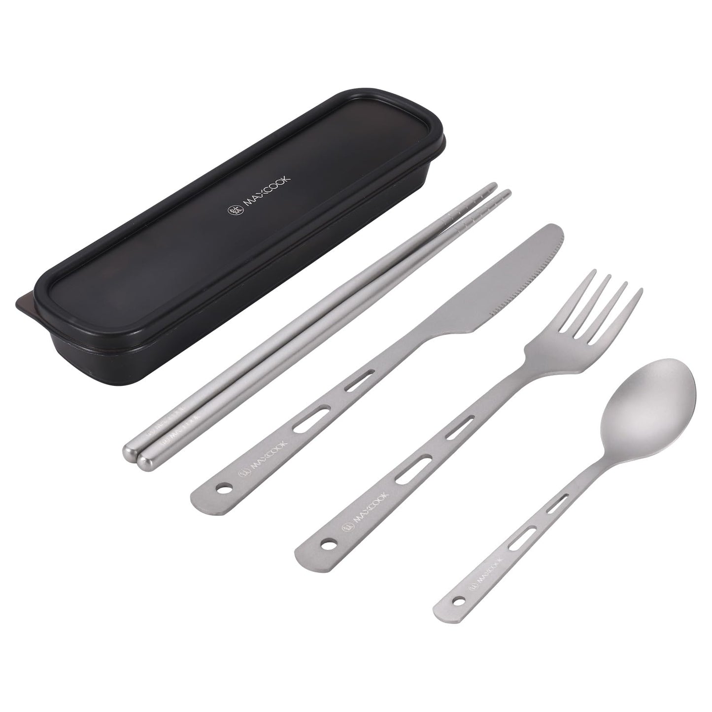 MAXCOOK Titanium Utility Cutlery Set, Portable tableware titanium utensil set with case, Table Spoon Fork Chopsticks Knife set for Outdoor Travel Camping Backpacking (Total 5 PCS)