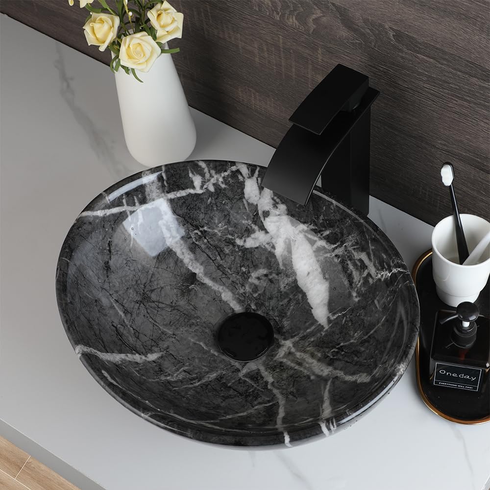 Sinku Mccut Ceramic Vessel Sink Oval Black Above Counter Bathroom Vessel Sink with Faucet and Drain Combo Marbling