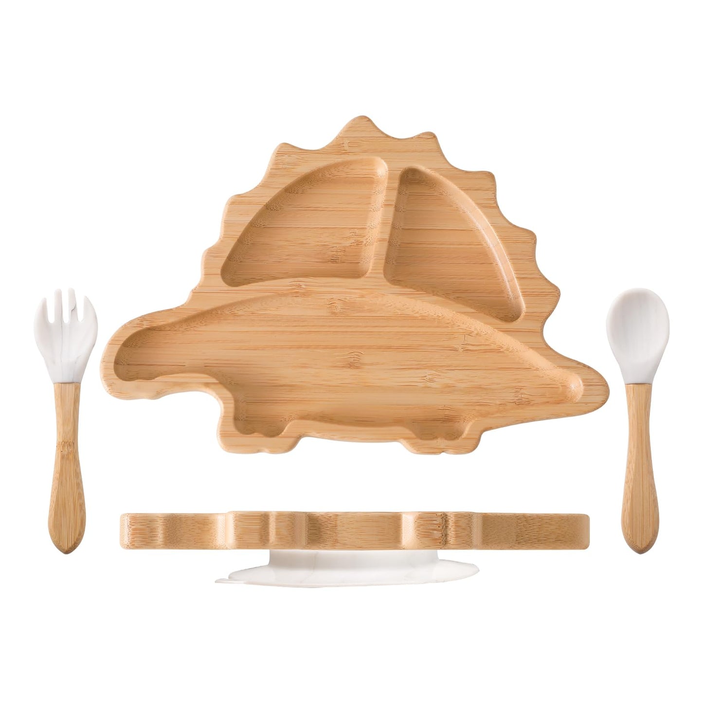 HBM Bamboo Baby Plate Set with Suction - Dinosaur Divided Toddler Dishes with Matching Fork & Spoon | Natural Wood Stay-Put Feeding Set for Infants & Kids (Marble Texture Not Stains)
