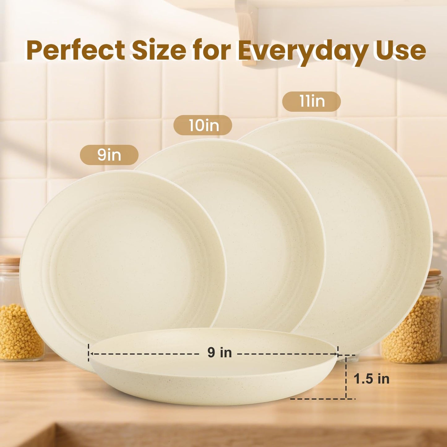 BUSOKIP Deep Dinner Plates Set of 8, Wheat Straw Plate 9 Inch, Lightweight and Unbreakable Plastic Plate Reusable, Microwave & Dishwasher Safe Camping Plates for Picnic, Outdoor, Travel (Beige)