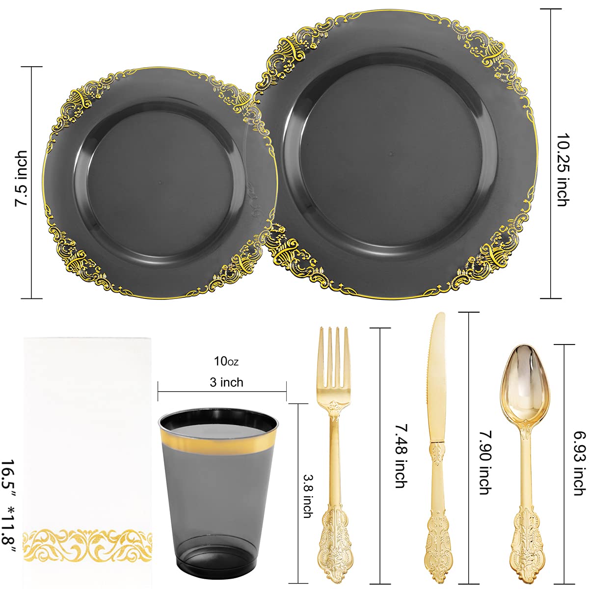 Nervure 175pcs Clear Black Plastic Plates - Gold Plastic Dinnerware Set for 25 Guests include 50 Disposable Plates,75 Gold Silverware,25 Cups,25 Napkins Perfect for Party&Independence Day